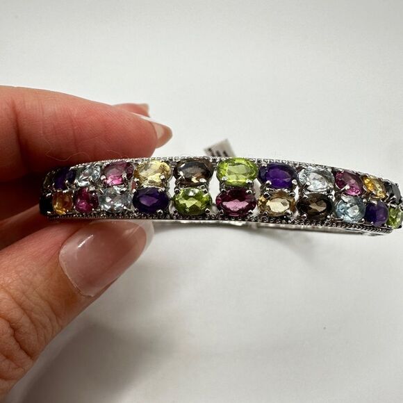 SALE! Still With tag! Multi-gemstone, stainless steel  hinged bracelet! - Picture 2 of 16